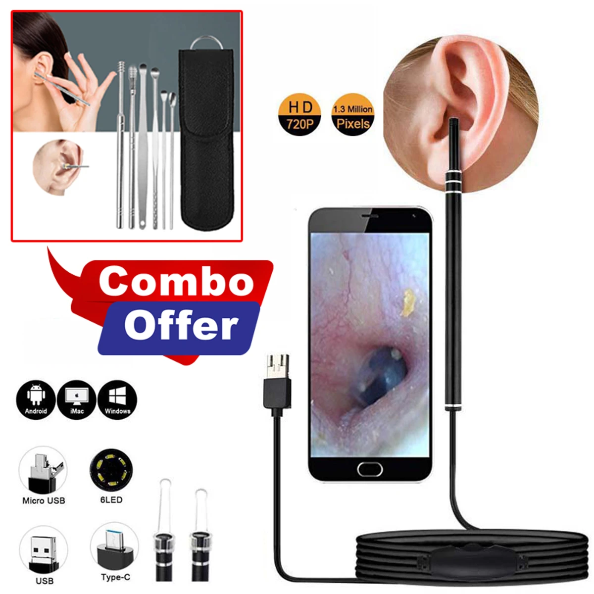 Combo Offer (Camera Endoscope Ear Cleaning Spoon Tool+Ear Wax Removal Kit)