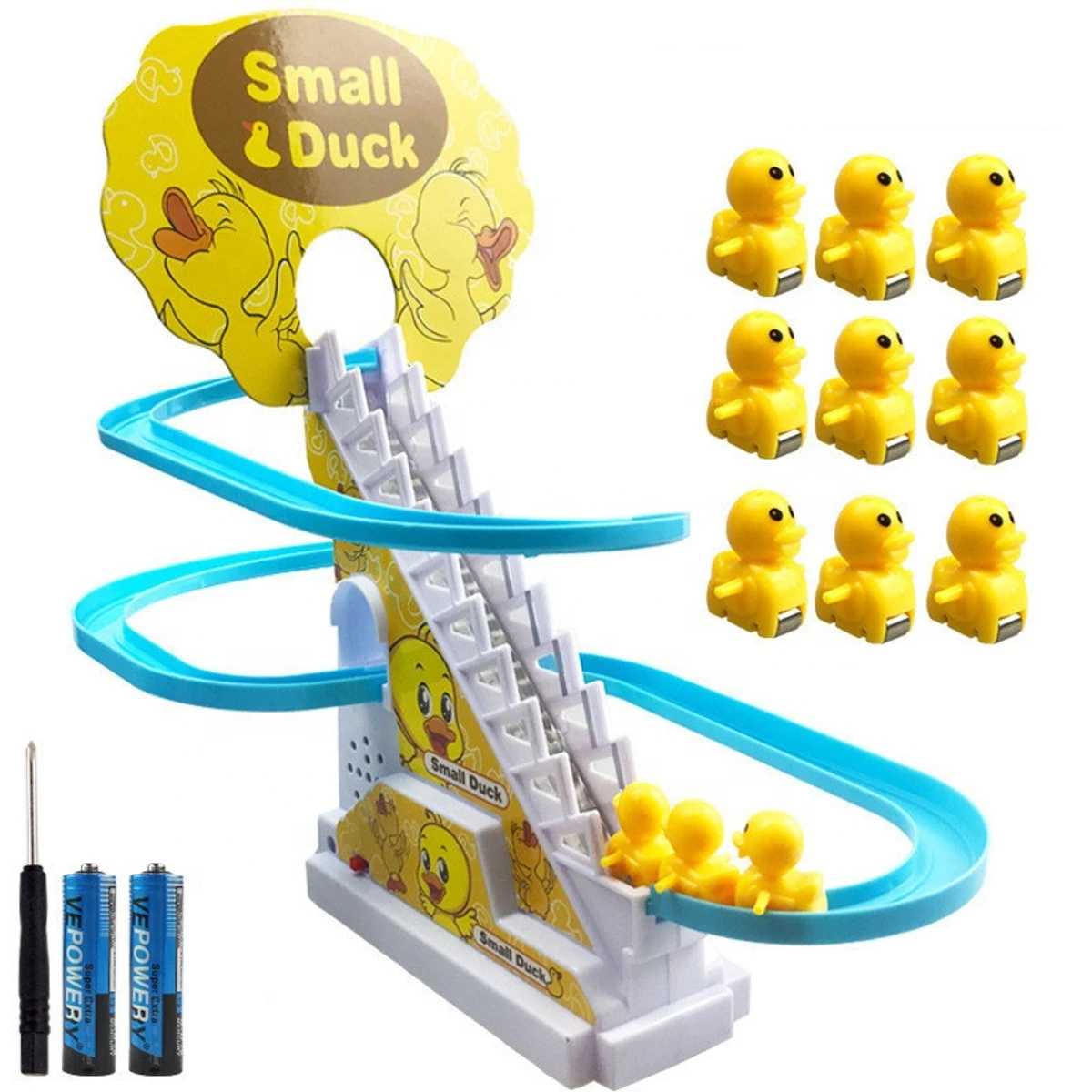 Duck Slide Toy Set, Funny Automatic Stair-Climbing Ducklings Cartoon Race Track Set Little Lovely Penguins Slide Toy Escalator Toy with Lights and Music (Duck)