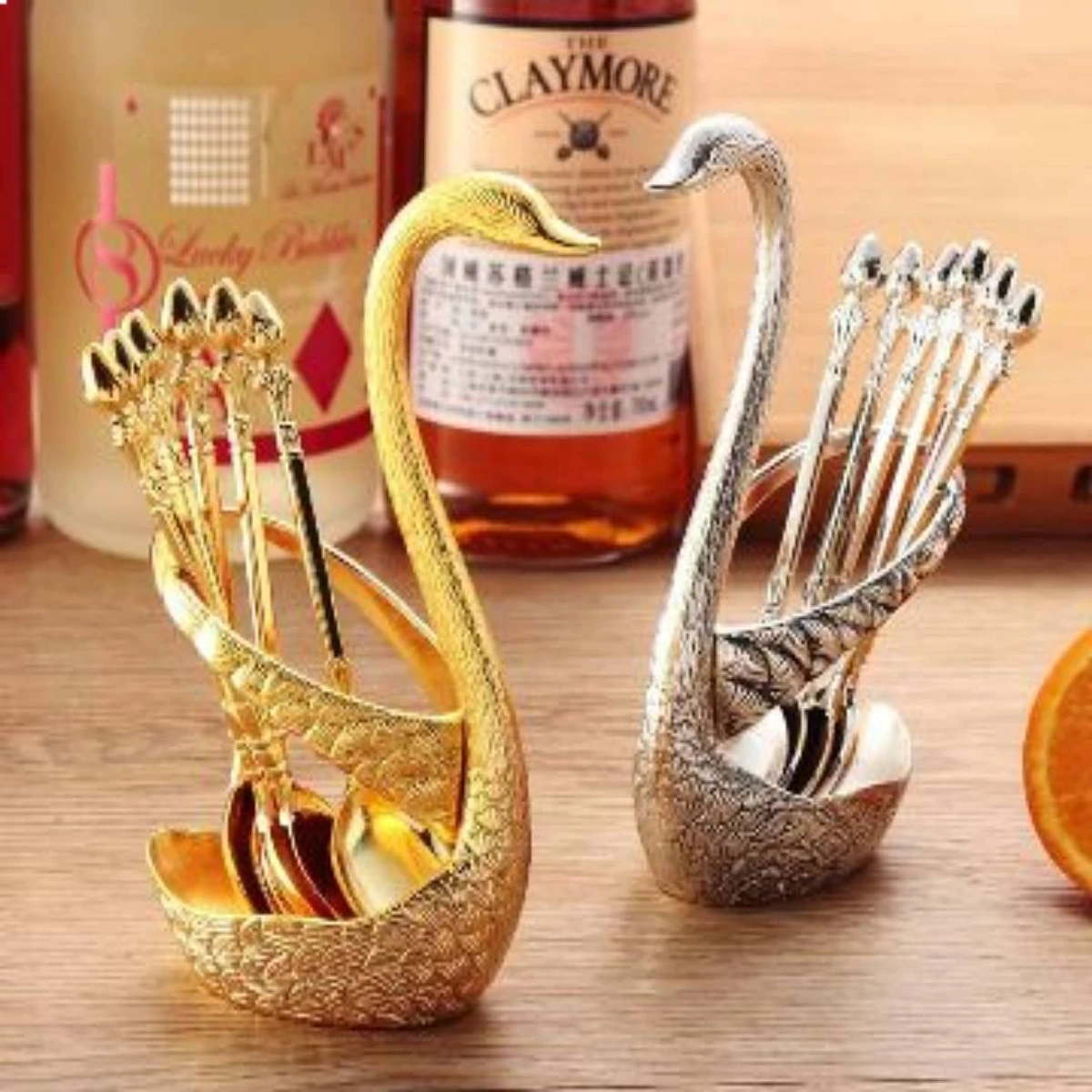 Best Spoon Set With Swan Stand Pattern Golden With 6 Spoons