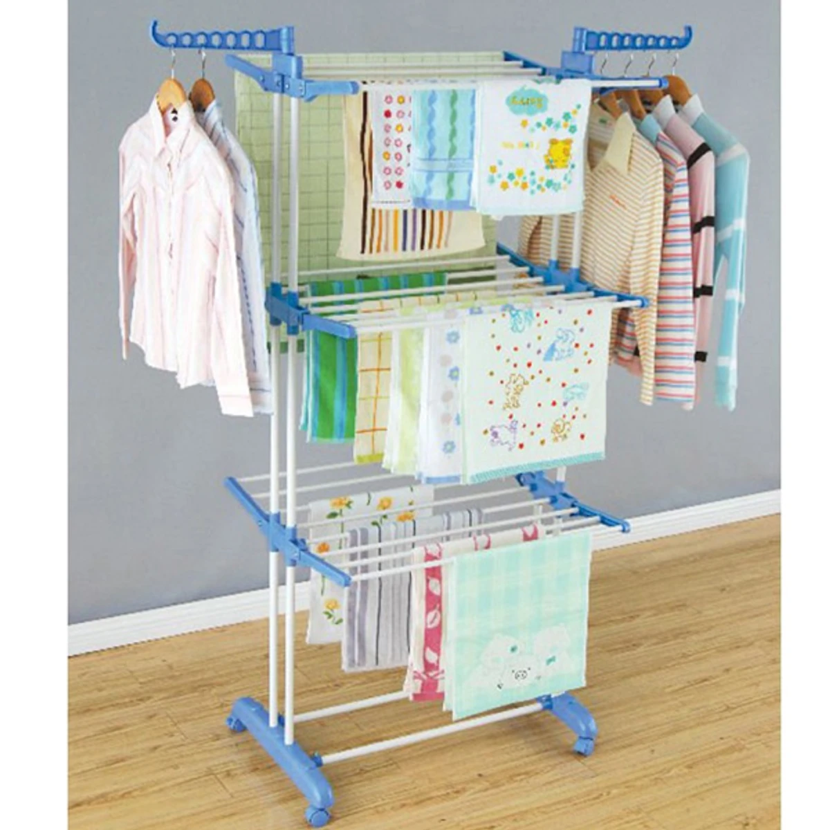 3 Tier Foldable Drying Rack Cloth Laundry Hanger - Silver and Blue