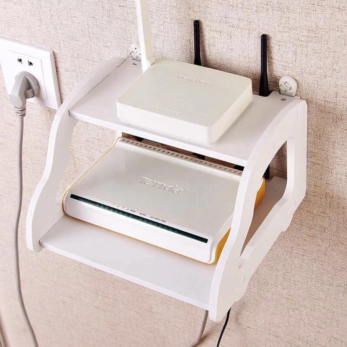 Wifi Router Stand - Storage Rack Display Holder Double Layer Floating Wall Mount Shelf Wood Desk Set